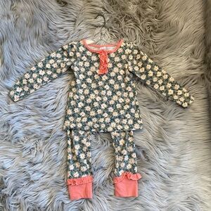 Ruffle Butts Daisy Pajama Set - Green and Pink